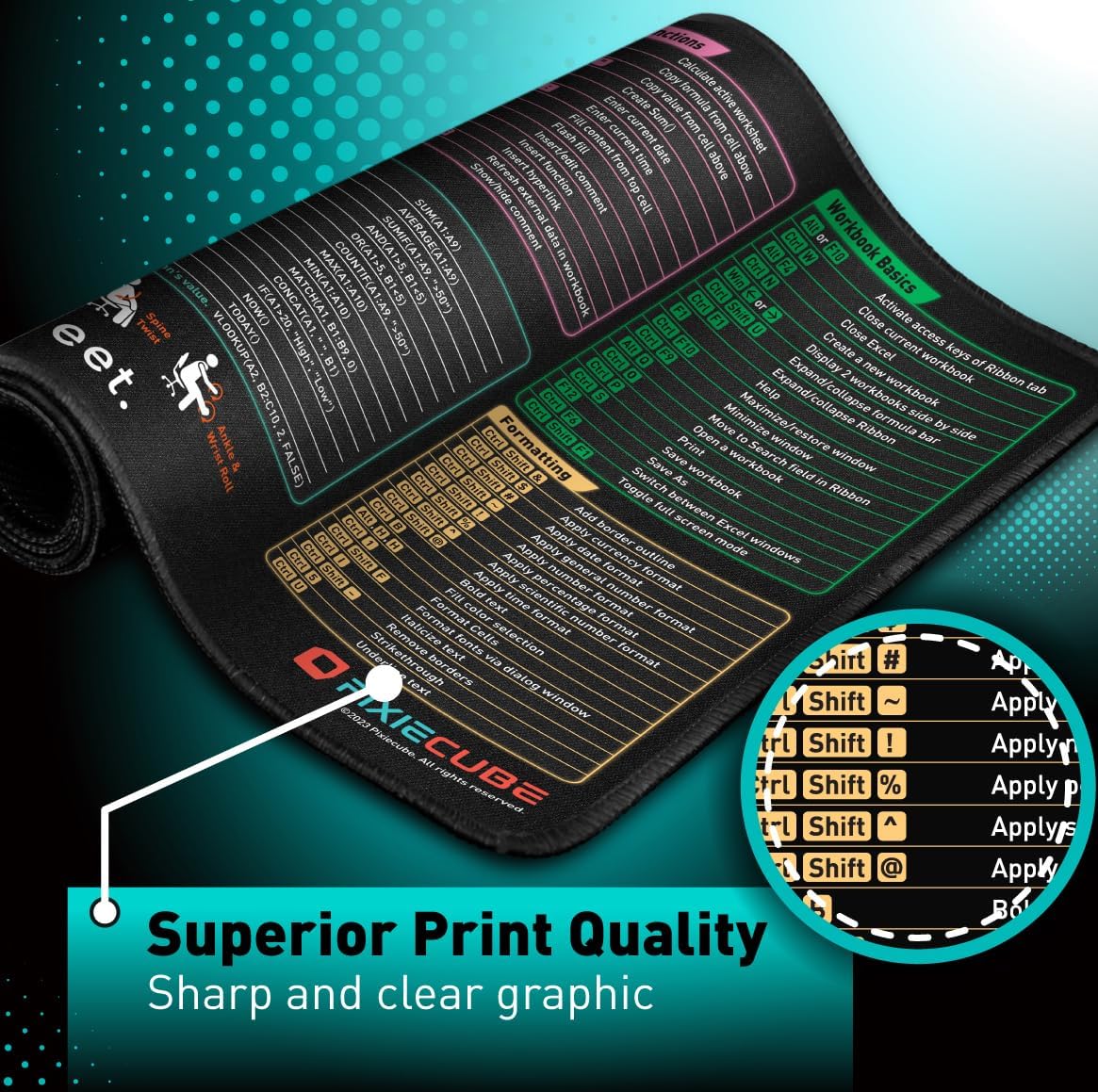 Excel Shortcut Keys Mouse Pad - Extended Large XL Cheat Sheet Gaming Mousepad | PC Office Spreadsheet Keyboard Mat | Non-Slip Stitched Edge